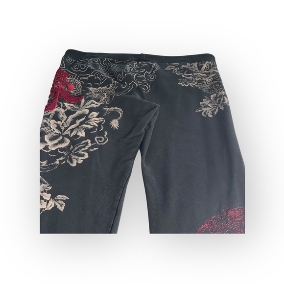 Vintage Y2K: Lucky ☘︎︎ Asian Dragon Red Embroidery Floral Sweatpants ☘︎︎ Black S - Picture 13 of 16